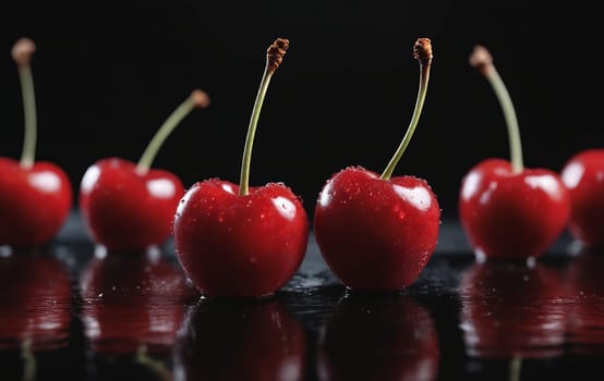 A line of vibrant red cherries resting on a dark countertop, showcasing the beauty of this natural food. Cherries are a superfood and a seedless fruit belonging to the berry family