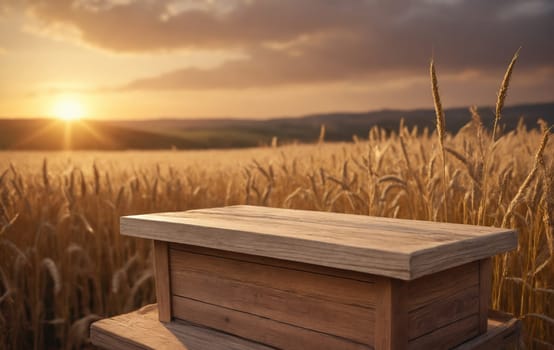 A rectangular wooden table is placed in the middle of a wheat field at sunset, surrounded by tall grass and with the horizon in the background
