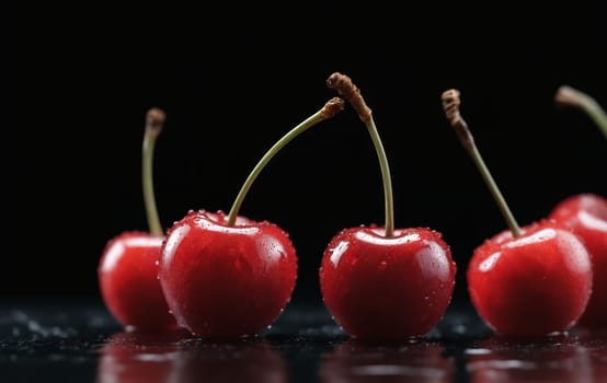 A line of vibrant red cherries resting on a dark countertop, showcasing the beauty of this natural food. Cherries are a superfood and a seedless fruit belonging to the berry family