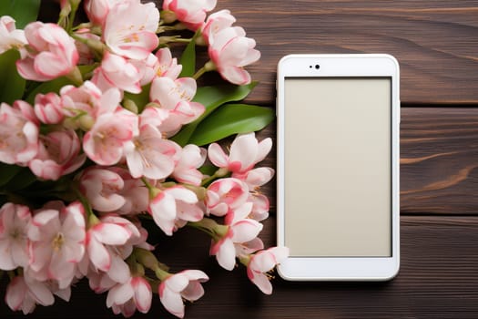 White smartphone mockup on a wood background with flowers.