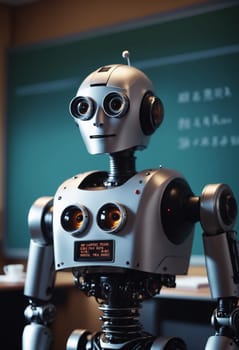 A robot is sitting at a desk in a classroom, equipped with a display device and audio equipment. It is wearing personal protective equipment, resembling a fictional character, engaging in recreation