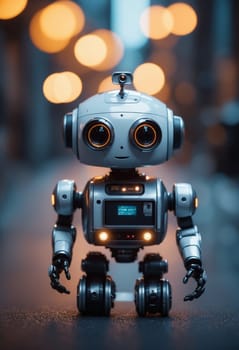 A toy robot with headphones is standing on a dark street. The small machine looks like a fictional character or action figure, with automotive lighting creating a pattern around it