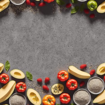 The image is a colorful arrangement of various fruits and vegetables, including tomatoes, bell peppers, carrots, and onions, arranged in a circular pattern on a gray background. - seamless and tileable