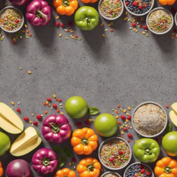 The image shows a variety of fruits and vegetables arranged in a circle, with the words Image Content written in the center. - seamless and tileable