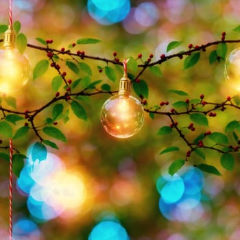 The image shows a string of lights hanging from a tree branch with green leaves in the background. - seamless and tileable
