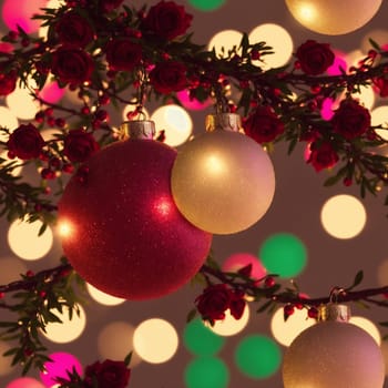 The image shows a Christmas tree with white and red ornaments hanging from the branches, surrounded by pink and green lights. - seamless and tileable