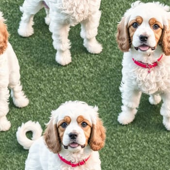 The image shows a group of small white and brown puppies standing on a green grassy background. - seamless and tileable