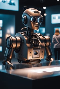 A robot is admiring the picture frame wall displaying fictional characters, composite materials, carmine hues, and automotive designs in an art event