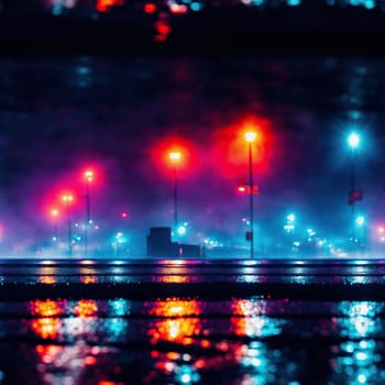 The image shows a dark and foggy nighttime scene with a streetlight in the foreground and a city skyline in the background. - seamless and tileable