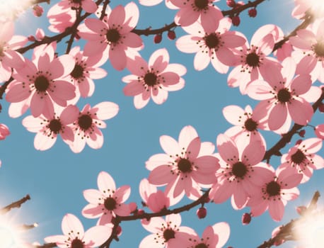 The image is a pink blossoming tree with branches and leaves. - seamless and tileable
