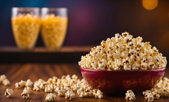 A bowl of kettle corn popcorn, a staple food and superfood, is placed on a wooden table, showcasing its delicious and crunchy texture