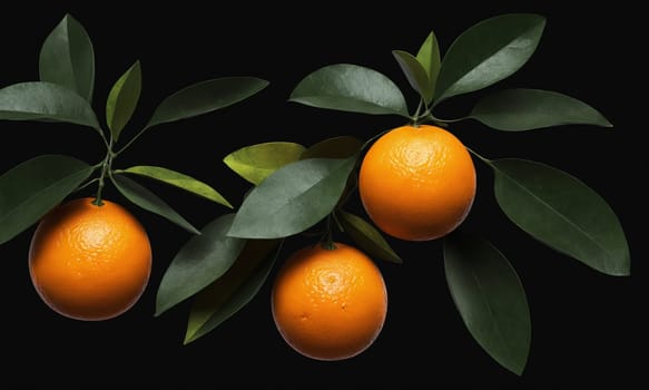 A seamless pattern featuring oranges with green leaves on a black background. This design showcases various citrus fruits like Rangpur, Valencia orange, and Tangelo