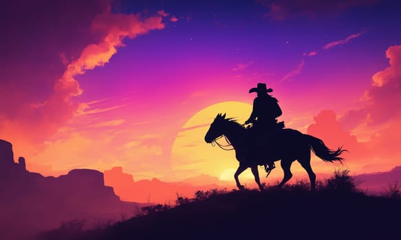 Two cowboys riding working animals through the desert plains at dusk, under a colorful sky filled with clouds. Enjoying outdoor recreation in the stunning landscape