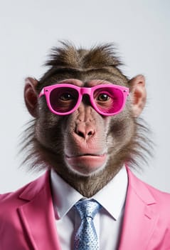 A fun fictional character, a monkey, is dressed in formal wear with a pink dress shirt, tie, and sunglasses. The eyewear is in a matching magenta shade