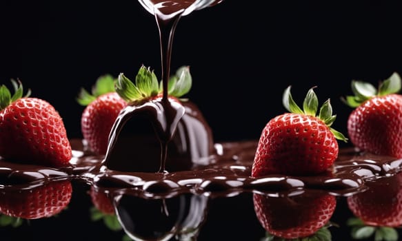 Food Chocolate being poured over strawberries on a black surface. Ingredients Fruit, Natural foods, Terrestrial plant. Cuisine Sweet dish