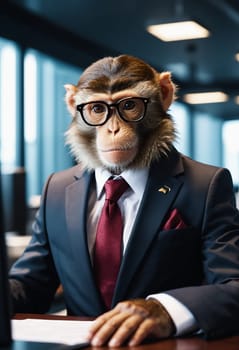 A happy monkey in formal whitecollar worker attire, wearing a suit and tie, is seated at a desk. It appears to be at an official event, gesturing while sporting eyewear for vision care