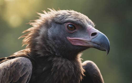 A closeup of a vulture, a bird of prey in the Accipitridae family, with its sharp beak and piercing eyes, staring directly at the camera