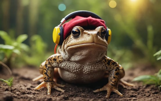 A terrestrial animal, amphibian frog, wearing headphones and a hat, is sitting on the ground surrounded by grass. The macro photography captures its unique adaptation in its natural habitat