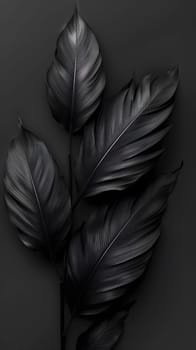 Three black feathers delicately stacked on top of each other create a monochrome sculpture against the dark background, resembling a gesture of artistic beauty