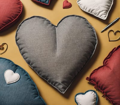 The image is a collection of heart-shaped pillows on a yellow background.