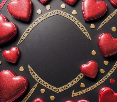 The image is a heart-shaped frame with red hearts arranged in a circular pattern on a gray background.