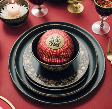 The image shows a table set for a Chinese New Year celebration with red and gold decorations, including plates, bowls, and cups.