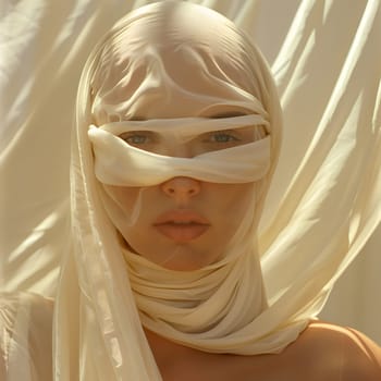 A woman with long hair wearing sunglasses and a white scarf covering her face, making a happy gesture with one sleeve. Her eyebrows and eyelashes are visible