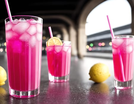 The image shows three pink lemonade drinks with straws and ice cubes on a table in front of a brick wall.