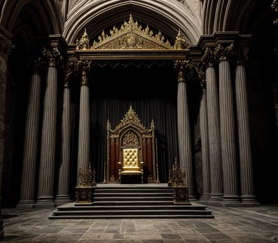 The image depicts a grand, ornate throne room with high ceilings, marble floors, and intricate carvings on the walls.