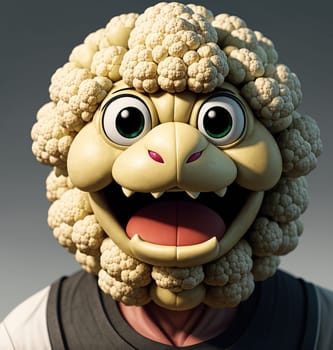 The image is a cartoonish representation of a sheep with a smiling face and long, curly hair.