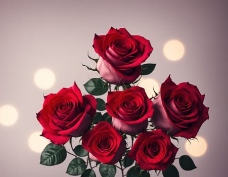 The image shows a bouquet of red roses arranged in a vase on a white background.