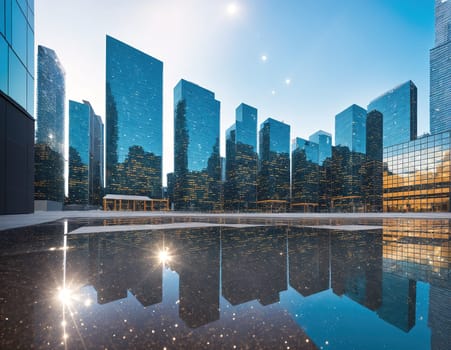 The image depicts a cityscape with tall skyscrapers reflected in a body of water on a sunny day.