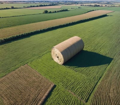 The image is a photograph of a large, white, cylindrical hay bale sitting in the middle of a green, flat field.