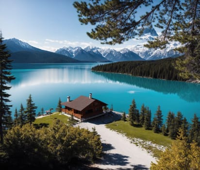 The image shows a small cabin on the side of a mountain overlooking a beautiful lake with mountains in the background.