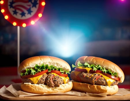 The image shows two hamburgers with cheese, lettuce, and tomato on a wooden cutting board with a red and white checkered tablecloth in the background.
