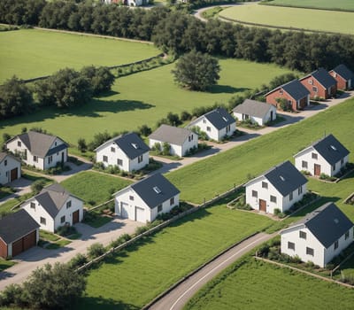 The image shows a group of houses in a suburban area with green fields and trees in the background.