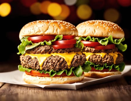 The image shows two hamburgers on a plate with lettuce, tomatoes, and cheese.