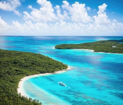 The image shows a small island in the middle of a turquoise ocean with a white sandy beach and a few palm trees.