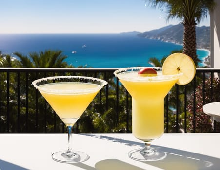 The image shows two glasses of margaritas on a table with a view of the ocean in the background.