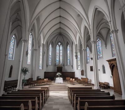The image shows a large, empty church with high ceilings, stained glass windows, and wooden pews.