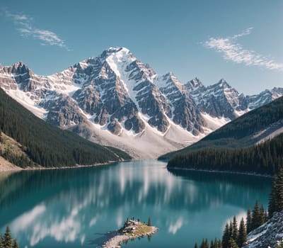 The image shows a serene lake surrounded by mountains in the background, with a small boat floating on the water.