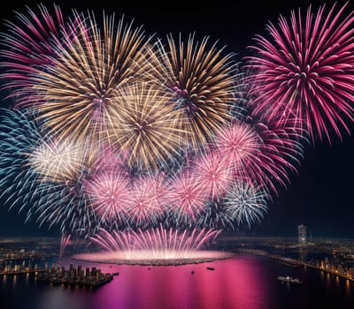 The image shows a city skyline with fireworks exploding in the sky over a body of water.