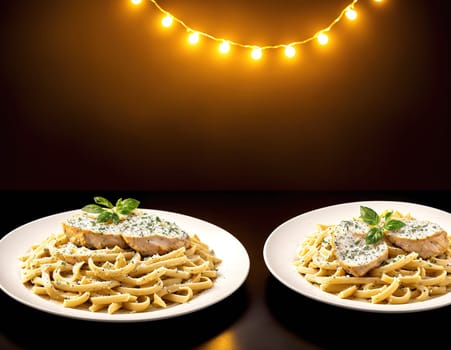 The image shows two plates of spaghetti with meat sauce and a light bulb hanging above them.