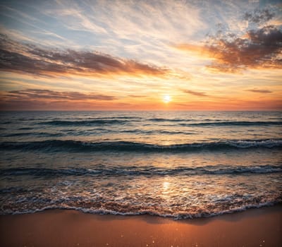 The image shows a beautiful sunset over the ocean with waves crashing against the shore and a clear blue sky above.