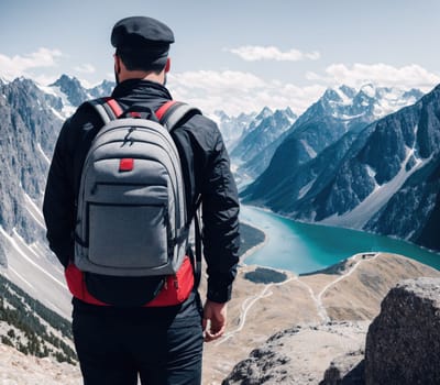 The image shows a person standing on a mountain trail with a backpack and hiking boots, looking out at a beautiful view of mountains and a lake in the background.