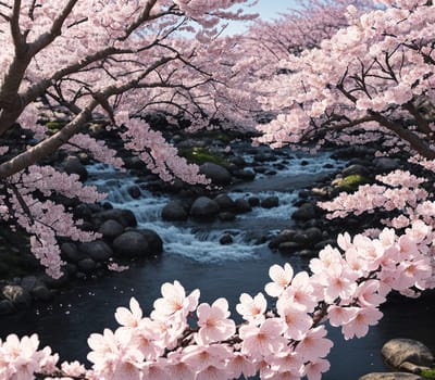 The image depicts a serene and peaceful scene of cherry blossom trees blooming along a riverbank, creating a beautiful and tranquil atmosphere.