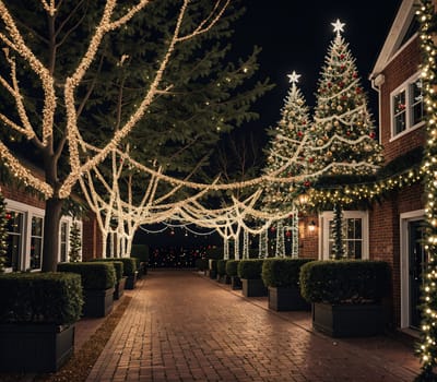 The image shows a street lined with Christmas trees and houses with lights and decorations.