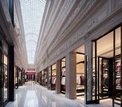The image shows a large, empty shopping mall with high ceilings, marble floors, and white walls.