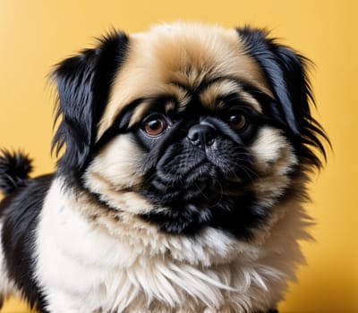 The image shows a cute black and white dog with big brown eyes looking up at the camera.