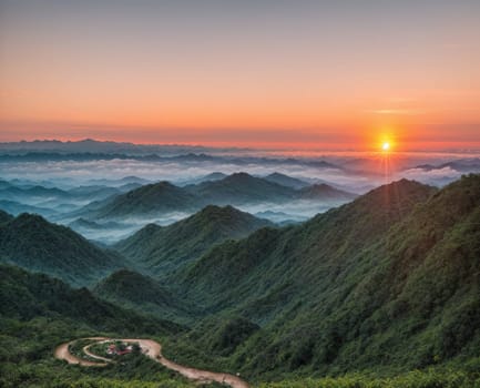 The image shows a scenic view of a mountainous landscape at sunset, with a winding road leading through the valleys and misty mountains in the background.